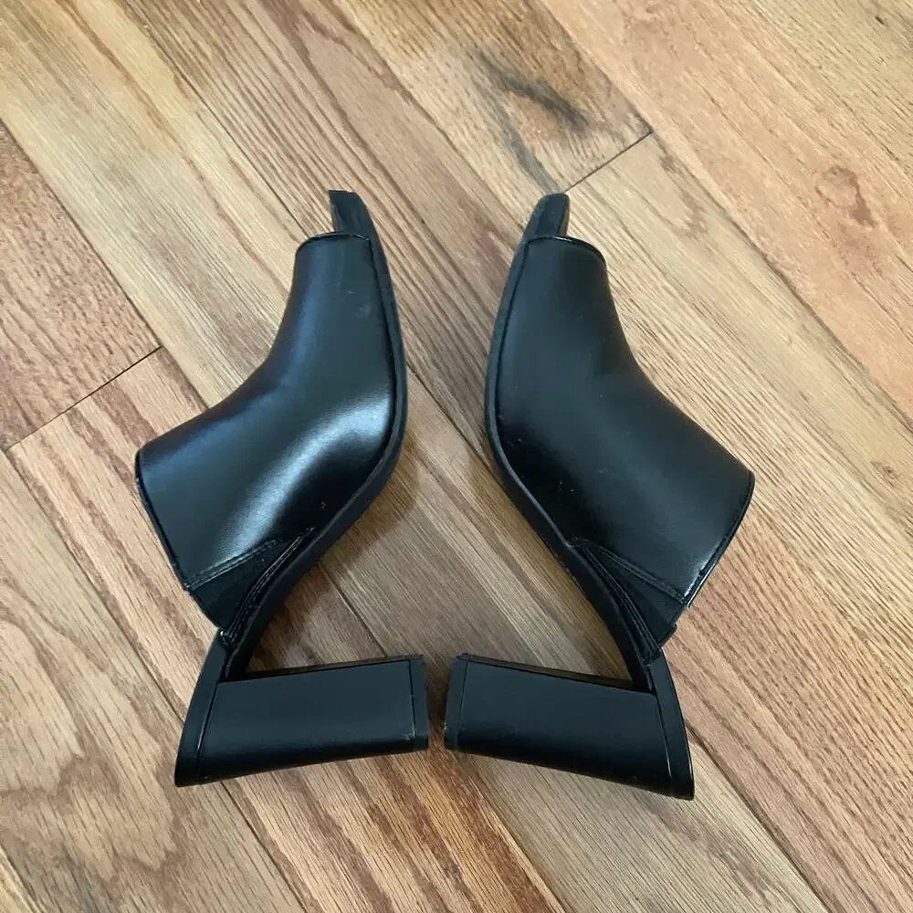 Anne Klein Tillie Block Heel Mules Womens 7.5 Medium Black Peep Toe Sandals